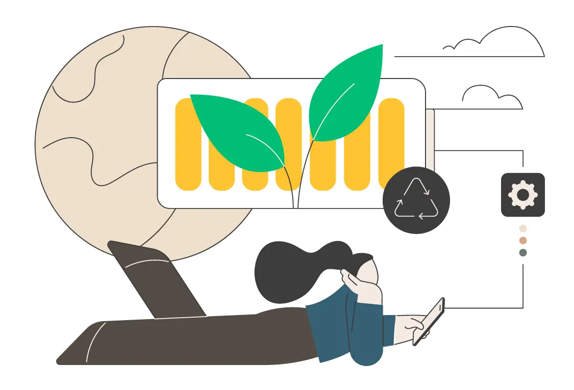 illustration une jeune femme allongée en réflexion sur la mise en place d'une politique sociétale et environnementale - une terre en fond 