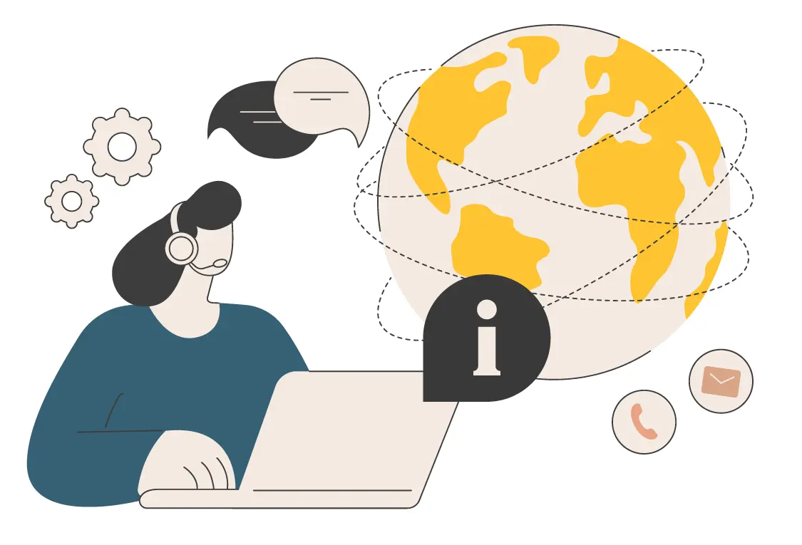 illustration pour contacter les Solutions d'Estelle - conseil en politique RSE et gestion de projet : des icones de téléphone, de questions..