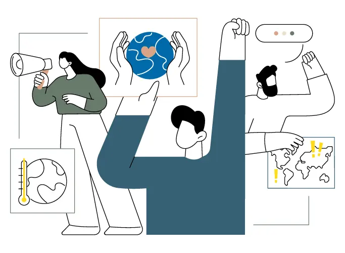 illustration de silhouettes faisant des revendications pour bâtir un avenir en respect de l'environnement