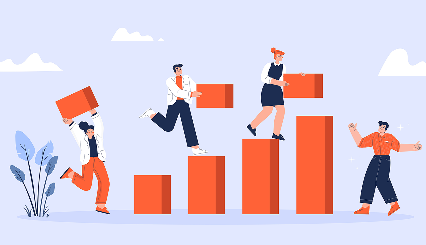 Illustration pour l'ESS avec des personnes portant des cubes pour co-construire et monter un projet